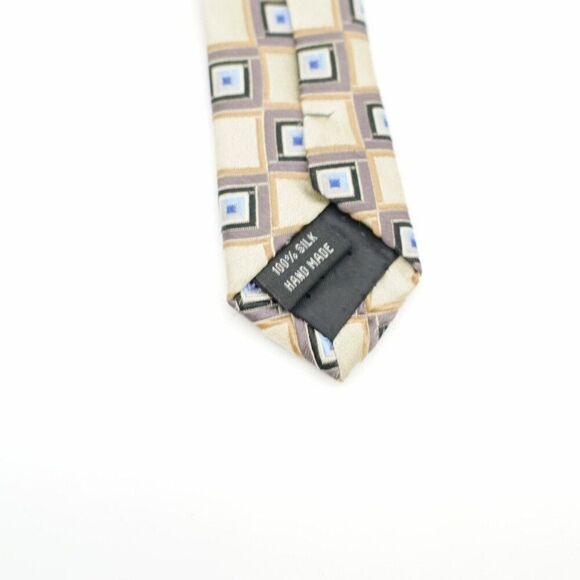 Martin Wong Insignia Woven Geometric Tan Gold Gray Blue Wide Silk Tie - Picture 4 of 5